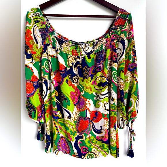 Trina Turk Off Shoulder‎ Silk Blend Small Top Tassel Paisley boho maximalist - Picture 2 of 13